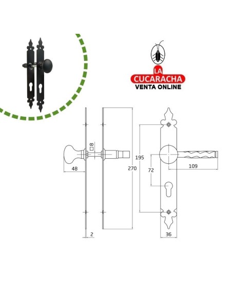 JUEGO MANILLAS PUERTA RUSTICO ZAMAK POMO 21 PLACA ACERO Y BOCALLAVE MODELO 106PB.