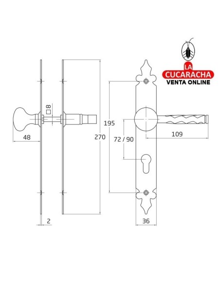 JUEGO MANILLAS PUERTA RUSTICO ZAMAK POMO 21 PLACA ACERO Y BOCALLAVE MODELO 106PB.