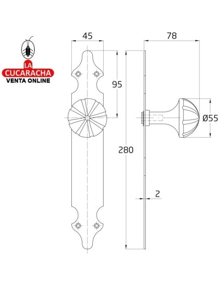 POMO GIRATORIO ZAMAK CON PLACA DE ACERO LISA MODELO 18.