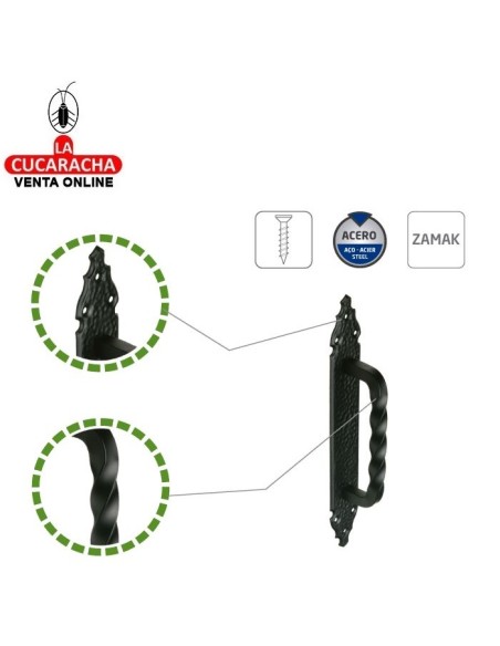 JUEGO 2-MANILLON RUSTICO ZAMAK PLACA ACERO MARTILLEADA PUERTAS PASO MODELO 102.