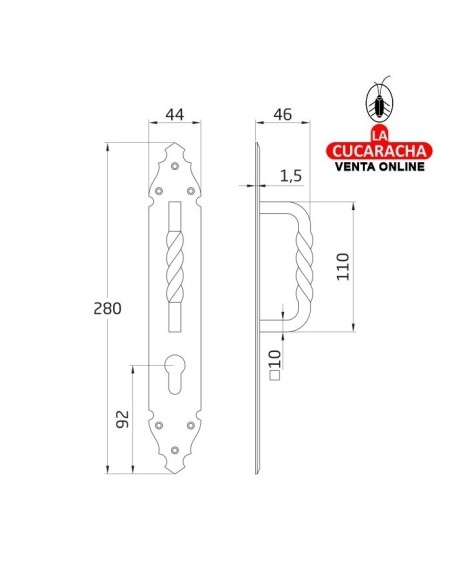MANILLON RUSTICO ZAMAK PLACA MARTILLEADA ACERO BOCALLAVE PUERTAS PASO MODELO 105.