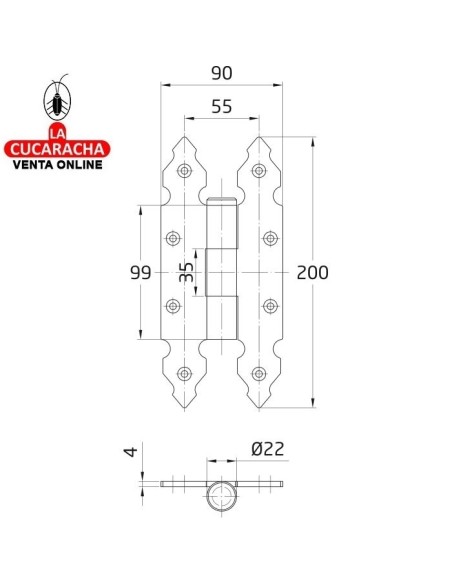 BISAGRA PUERTAS RUSTICA FIJA TIPO LIBRO LISA 200x90mm MODELO 9100.