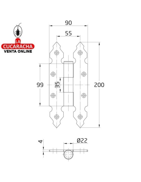 BISAGRA PUERTAS RUSTICA EXTRAIBLE TIPO LIBRO LISA 200x90mm MODELO 9110.