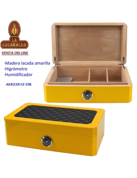 Humidor madera lacado amarillo con higrómetro y humidificador 40 x 23 x 12 cm.