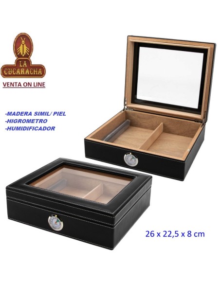 Humidor madera. Exterior simil piel. Con higrómetro y humidificador 26 x 22,5 x 8 cm.
