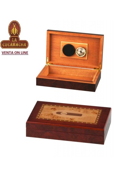 Humidor con higrómetro y humidificador acabado en nudo de madera taraceada.