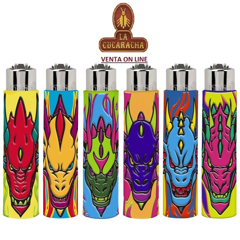 ENCENDEDOR CLIPPER FUNDA SILICONA-EXPOSITOR 30- «COLORFUL DRAGONS».