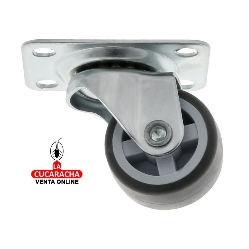 RUEDA GOMA GRIS NUCLEO POLIPROPILENO NEGRO PLETINA GIRATORIA ACERO CINCADO PARA MOBILIARIO OFICINA MODELO 1309.