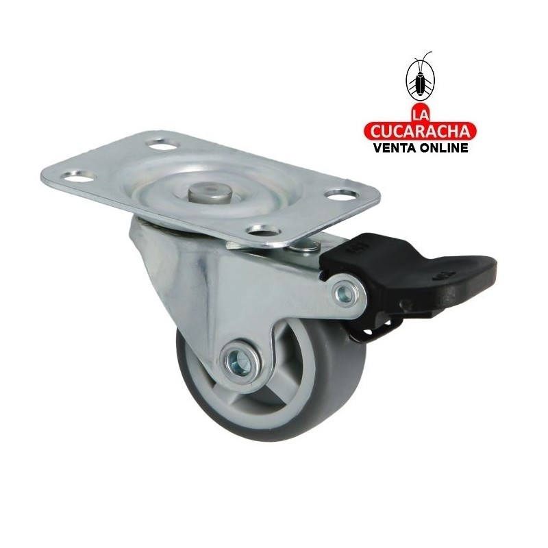 RUEDA GOMA GRIS NUCLEO POLIPROPILENO NEGRO PLETINA Y FRENO ACERO CINCADO PARA MOBILIARIO LIGERO MODELO 1309.