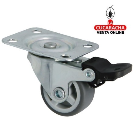 RUEDA GOMA GRIS NUCLEO POLIPROPILENO NEGRO PLETINA Y FRENO ACERO CINCADO PARA MOBILIARIO LIGERO MODELO 1309.