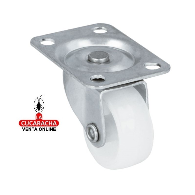 RUEDA NYLON BLANCO PLETINA GIRATORIA ACERO CINCADO PARA MOBILIARIO MODELO 1310.