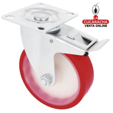 RUEDA POLIURETANO ROJO CON PLETINA Y FRENO MODELO 2540.