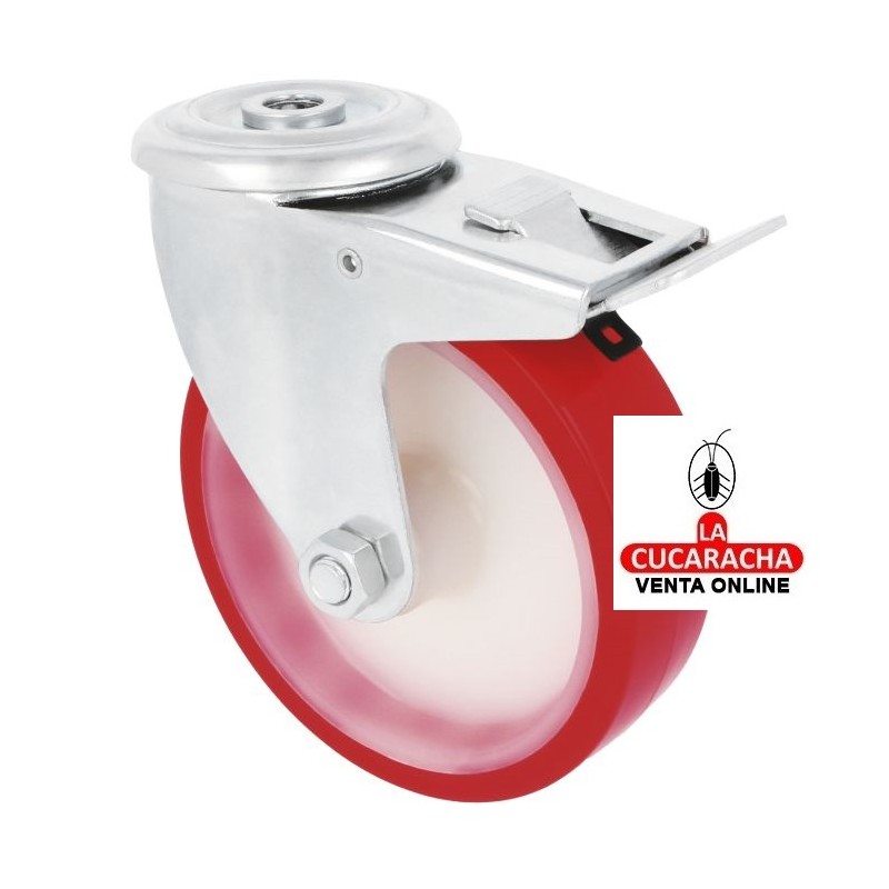 RUEDA POLIURETANO ROJO CON AGUJERO Y FRENO MODELO 2541.