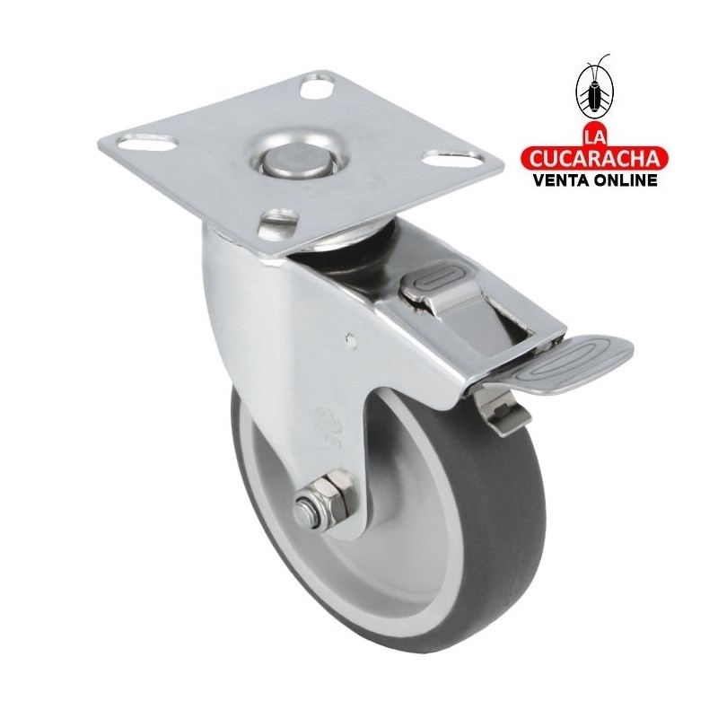 RUEDA CAUCHO TERMOPLASTICO CON PLETINA Y FRENO ACERO INOX MODELO 2560.