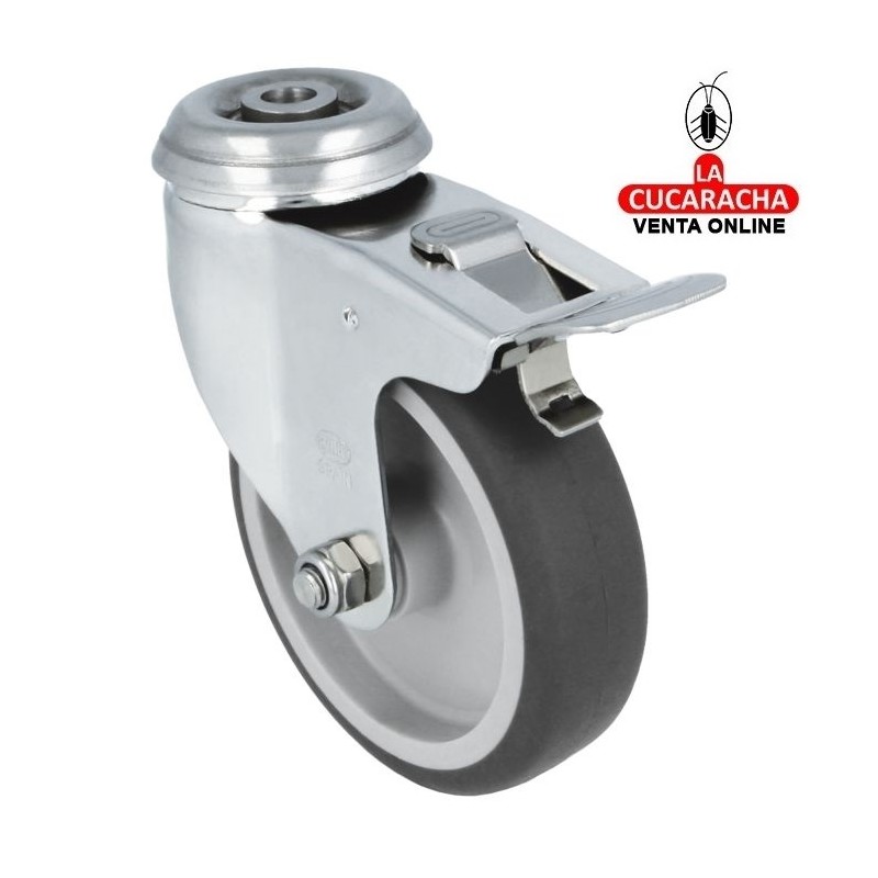 RUEDA CAUCHO TERMOPLASTICO CON PLETINA AGUJERO Y FRENO ACERO INOX MODELO 2561.