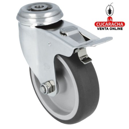 RUEDA CAUCHO TERMOPLASTICO CON PLETINA AGUJERO Y FRENO ACERO INOX MODELO 2561.