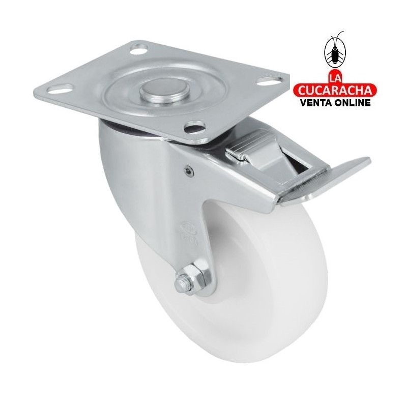 RUEDA NYLON BLANCO CON PLETINA Y FRENO MODELO 2550.