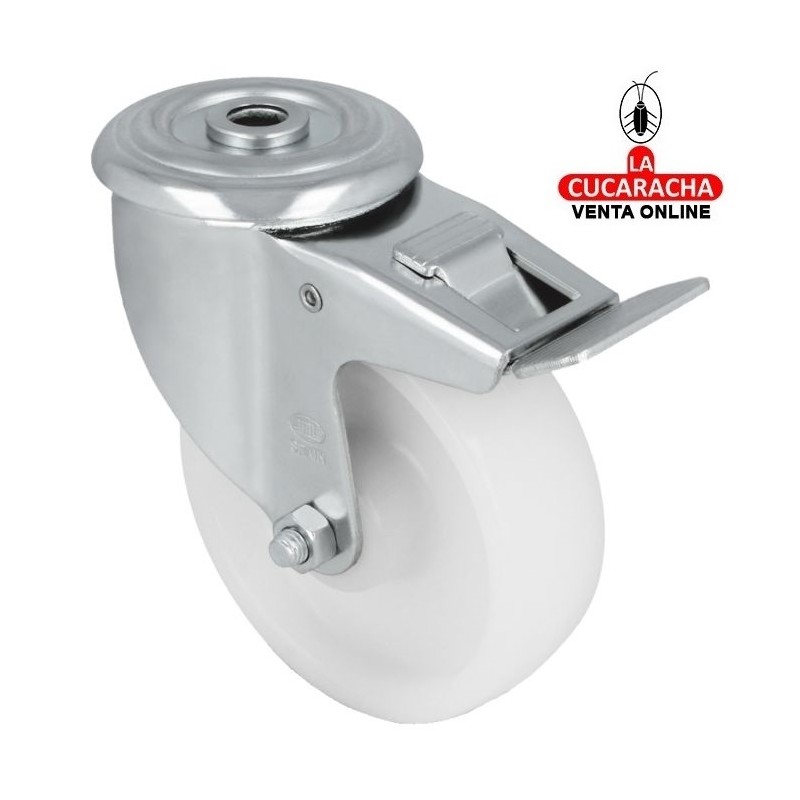 RUEDA NYLON BLANCO CON AGUJERO Y FRENO MODELO 2551.
