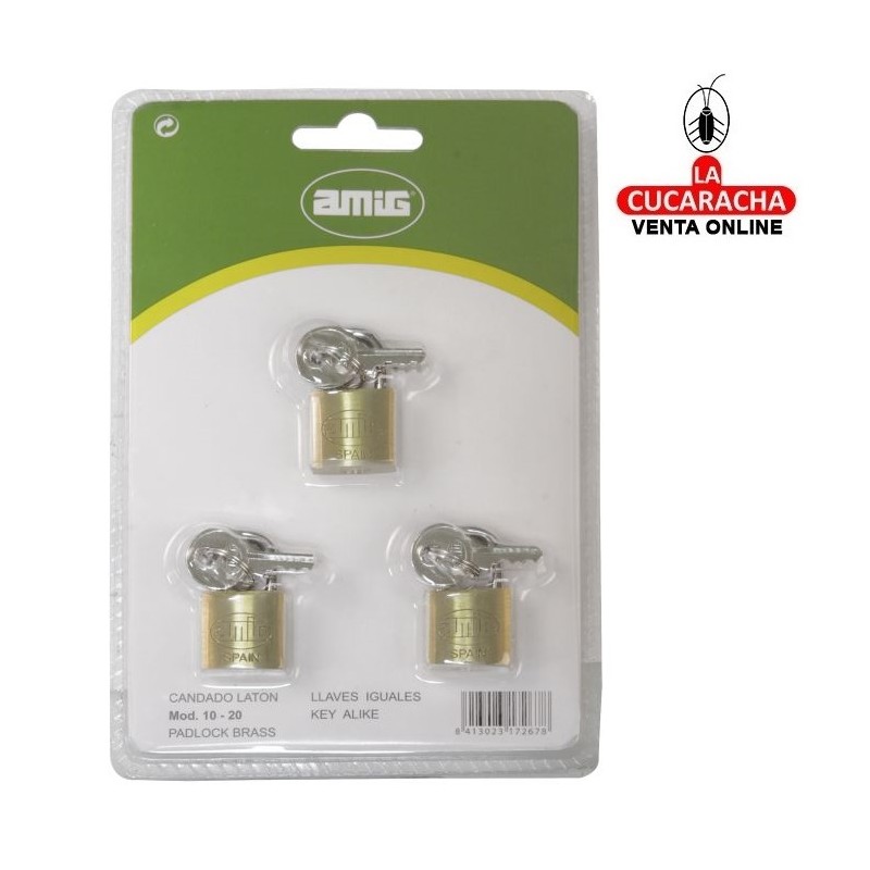 BLISTER 3-Candados Laton Arco normal Acero Llaves iguales MODELO 10.