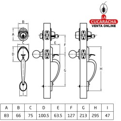 CERROJO DE ROSETA LLAVE EXTERIOR Y CONDENA INTERIOR Y MANILLON MODELO 1900.