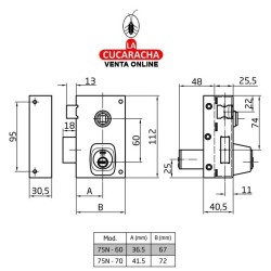 Cerradura sobreponer PUERTAS DE MADERA LLAVES DE PUNTO Modelo 75n-EI.