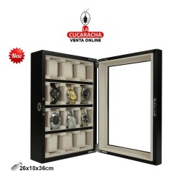 JOYERO RELOJERO VITRINA BASE MADERA NEGRA CON PUERTA.