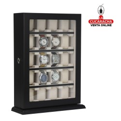 JOYERO RELOJERO VITRINA BASE MADERA NEGRO CON PUERTA.