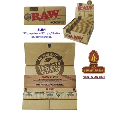 CAJA 15 LIBROS 32 HOJAS+32 TIPS PAPEL LIAR RAW ORGANIC ARTESANO 110MM.