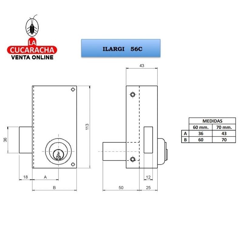 Cerradura ILARGI Nº56-C- B-Perfil. 60mm Izquierda