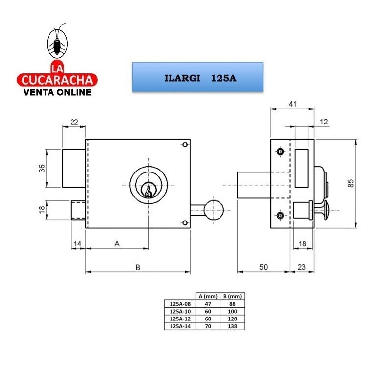 Cerradura ILARGI 125A 10cm. Bombillo Redondo. Mano Izquierda