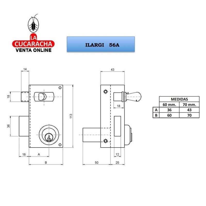 Cerradura Nº56-A Bombin Redondo 70mm. Derecha ILARGI.
