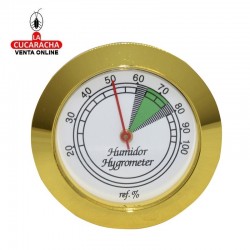 Higrómetro para cajas humificadoras, forma redondo, color dorado y blanco.