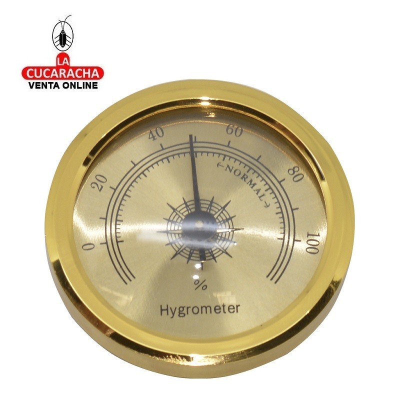 Higrómetro para cajas humificadoras, forma redondo, color dorado.
