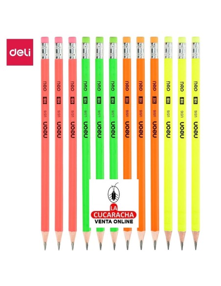 DELI-Lapices Neon con goma blister 12 unidades HB-EU51600.