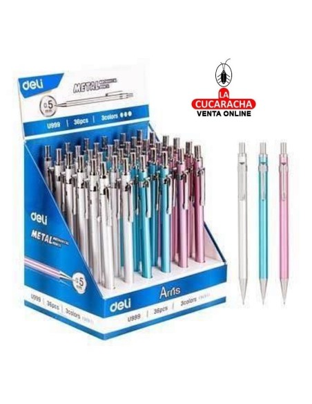 DELI-Portaminas Metal 0,5mm Caja 36 colores surtidos cuerpo metal EU999.