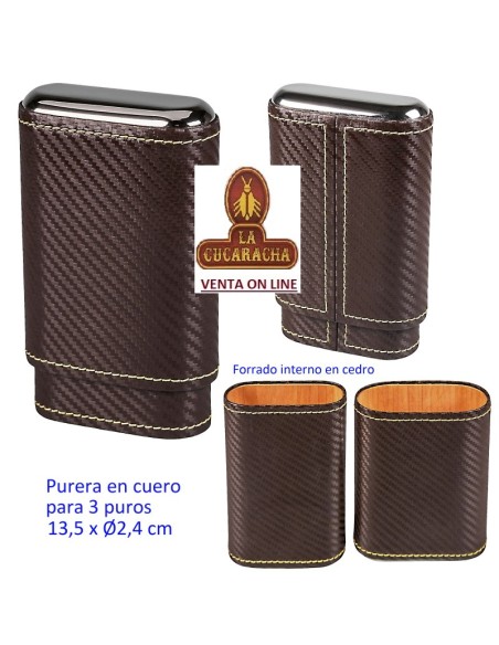 Purera-cuero marrón para 3 puros.