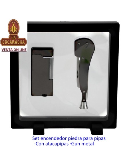 Set Encendedor piedra para pipa gun metal «Jean Claude» y atacapipas.