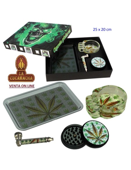 Set con pipa, grinder Ø 55 mm. bandeja y cenicero «Hoja».