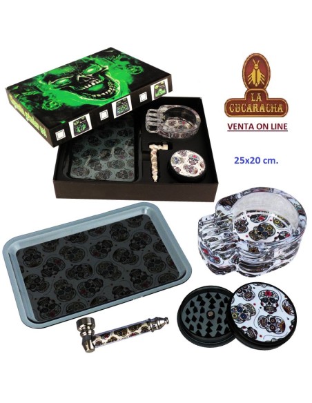 Set con pipa, grinder Ø 55 mm. bandeja y cenicero «Skull».