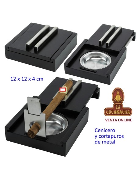 Set cenicero y cortapuros negro y metal con tapa corredera.