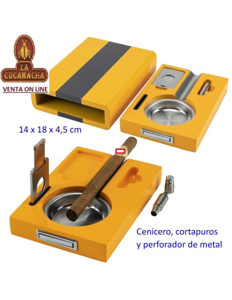 Set cenicero cortapuros y perforador amarillo-carbono.