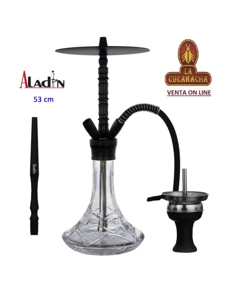 ALADIN-Cachimba-Shisha-Narguile ALU7 53CM. aluminio negro base cristal transparente.