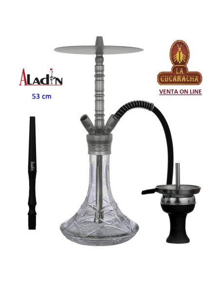 ALADIN-Cachimba-Shisha-Narguile ALU7-53CM. aluminio plata base cristal transparente.