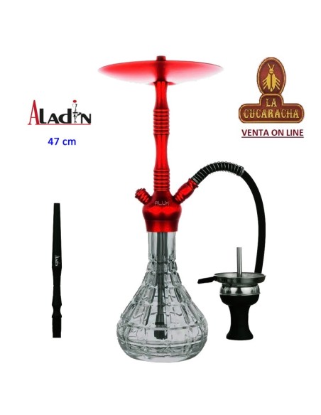 ALADIN-Cachimba-Shisha-Narguile ALU5-47CM. aluminio rojo base cristal transparente.