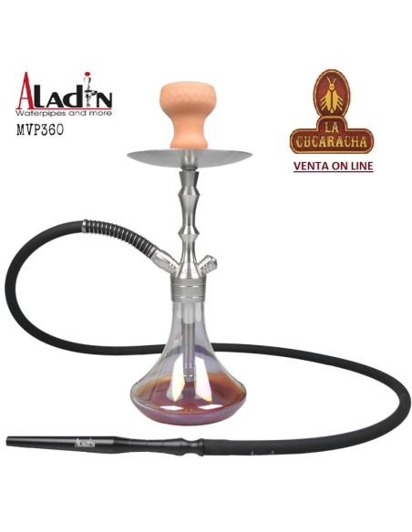 ALADIN-Cachimba-Shisha-Narguile 36CM-MVP360 acero inox. cristal transparente y roja.