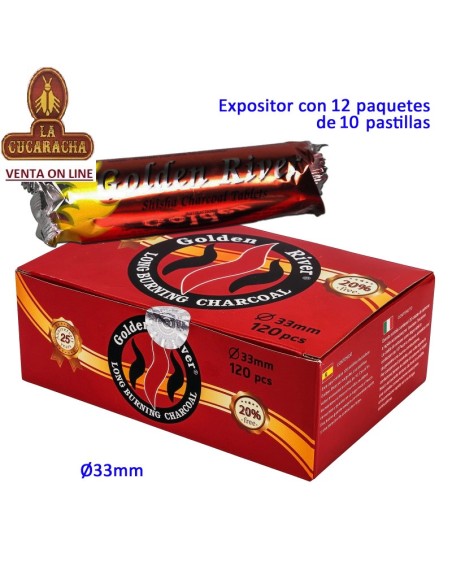 CARBON VEGETAL SHISHA GOLDEN RIVER CAJA 12 PAQUETES DE 10 PASTILLAS Ø33 MM.