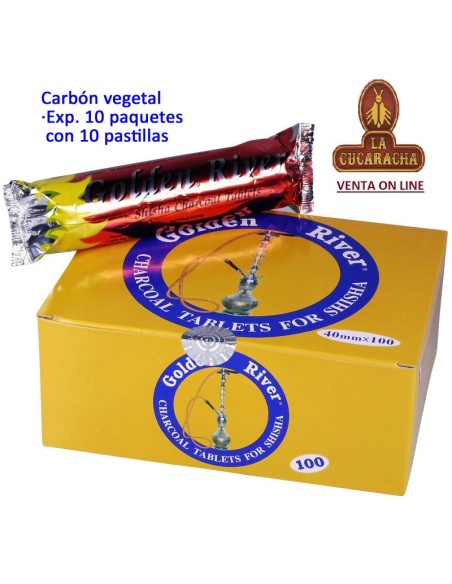 CARBON VEGETAL SHISHA GOLDEN RIVER CAJA 10 PAQUETES DE 10 PASTILLAS Ø40 MM.