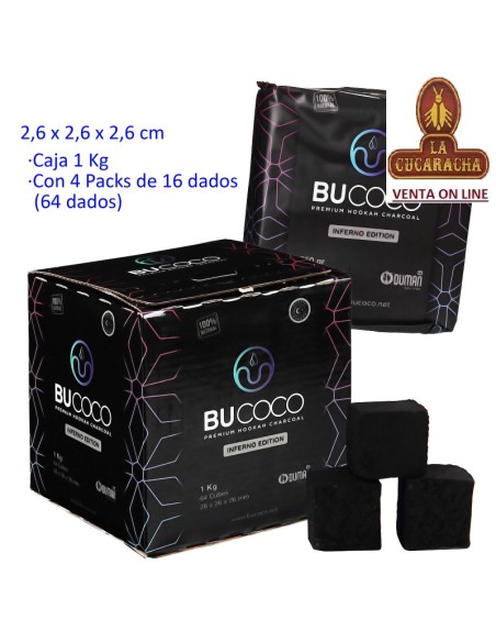 CARBON VEGETAL SHISHA CAJA 1 KG BUCOCO 64 DADOS DE 2,6x2,6x2,6 CM.