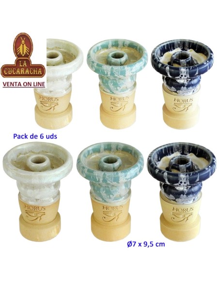 HORUS-Caja 6 cazoletas barro shisha «TOBY» colores surtidos.