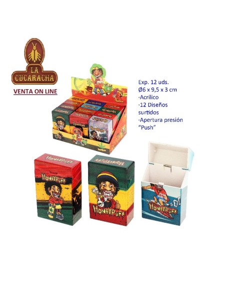 Expositor 12 tabaqueras acrílicas diseños surtidos apertura presion.